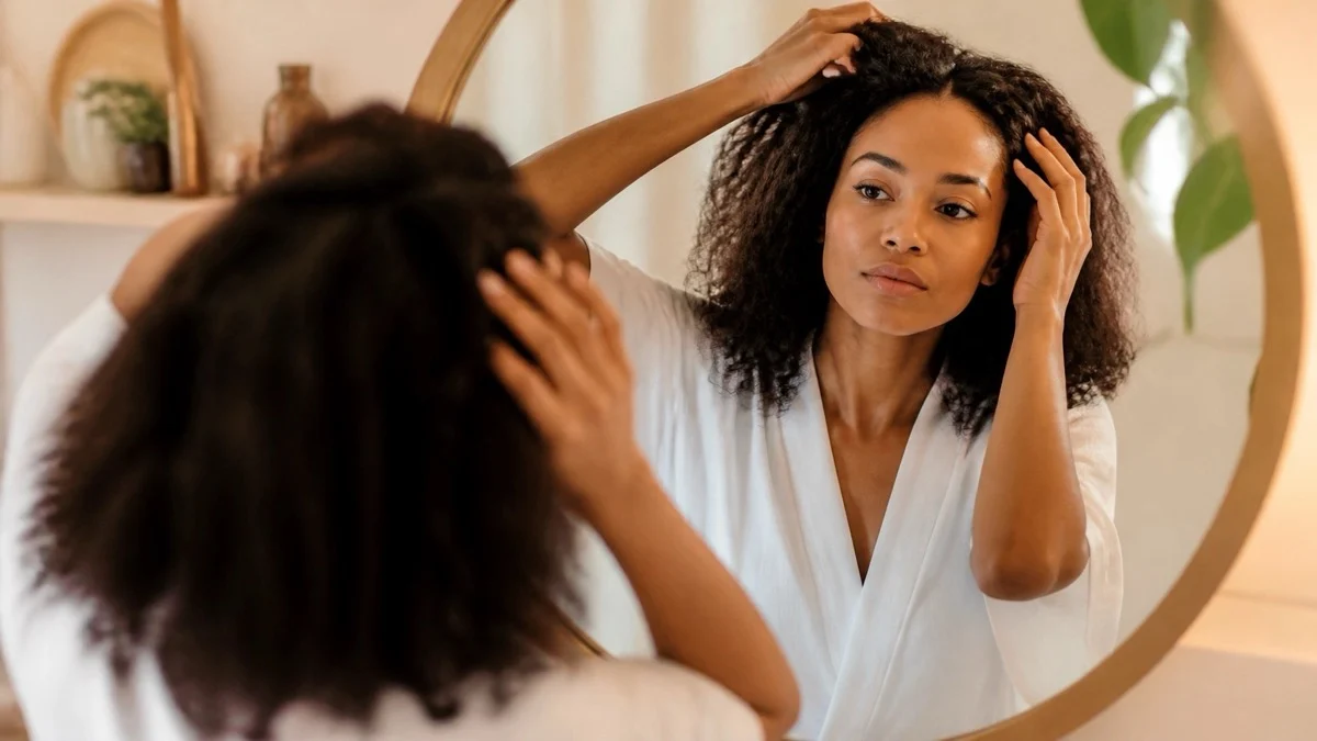 A woman examining her hair in the mirror